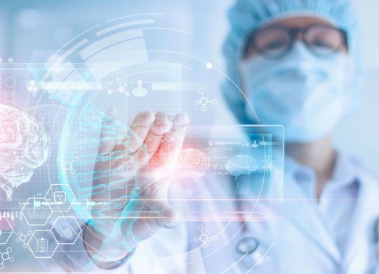 Doctor, surgeon analyzing patient brain testing result and human anatomy, dna on technological digital futuristic virtual interface, digital holographic, innovative in medical, science and medicine concept.