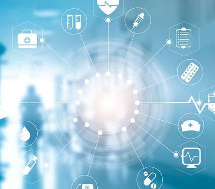 Medical icon network connection with modern virtual screen interface on hospital background, medicine technology network concept